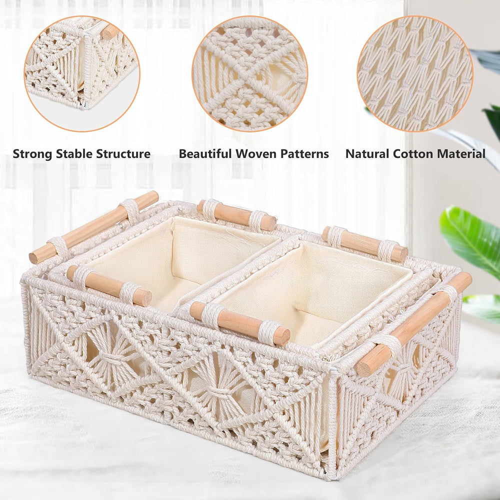 ANMINY 3PCS Decorative Macrame Baskets, with Removable Liner & Wood Handles