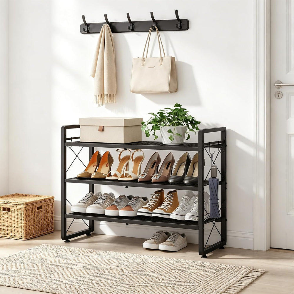 ELYKEN Expandable Shoe Rack for Closet, 3-Tier Metal Black Shoe Organizer
