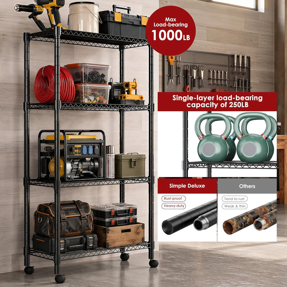 Simple Deluxe 4-Tier Heavy Duty Adjustable Storage Shelf with Wheels, 23.23”W...