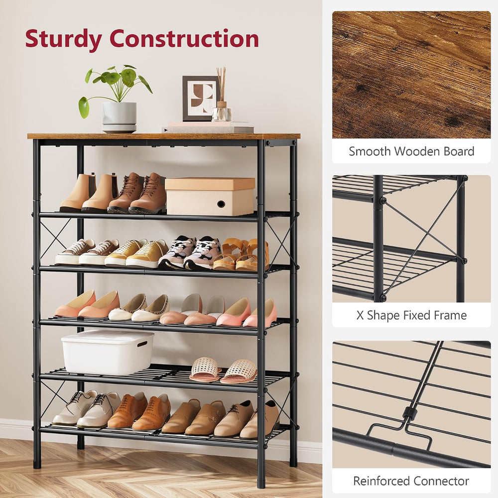 Tajsoon 6 Tier Shoe Rack for 20-24 Pairs of Shoes, Rustic Brown & Black