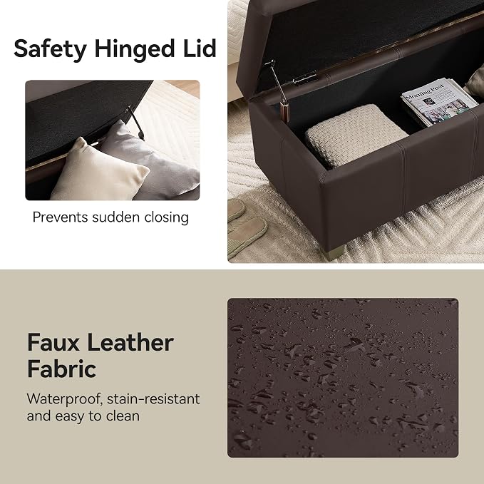51" Faux Leather Storage Ottoman, Stitch Tufted Rectangle Upholstered En...