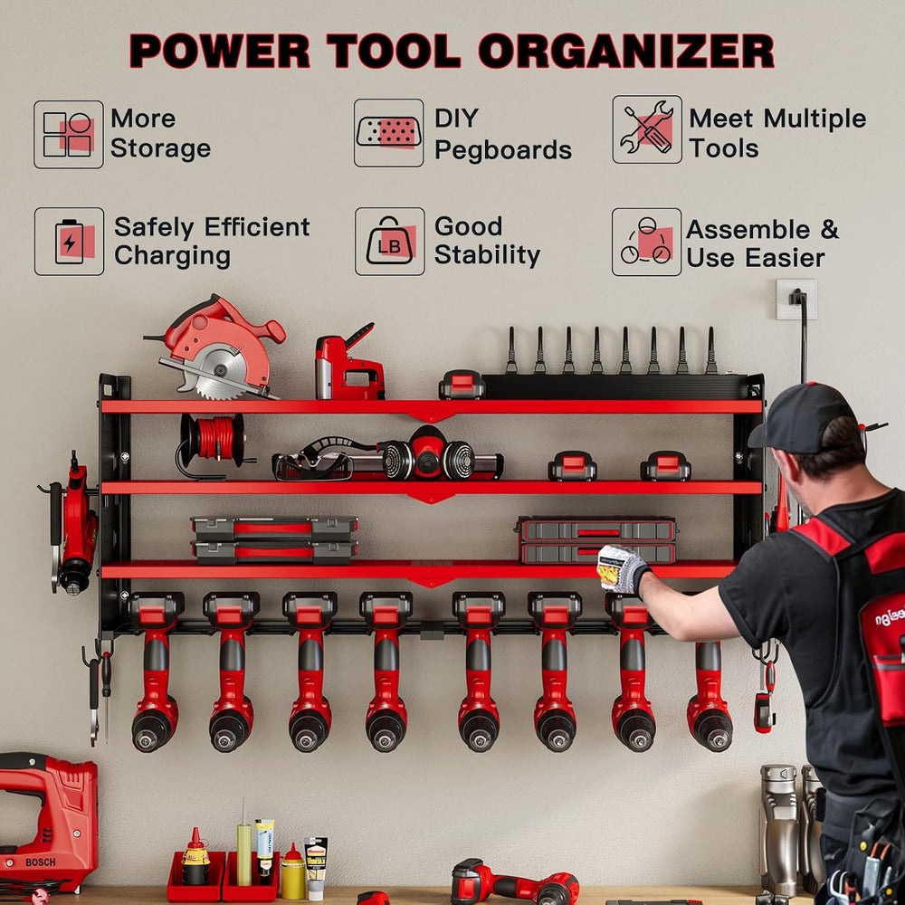 Power Tool Organizer Wall Mount, 8-Drill Charging Station, Red