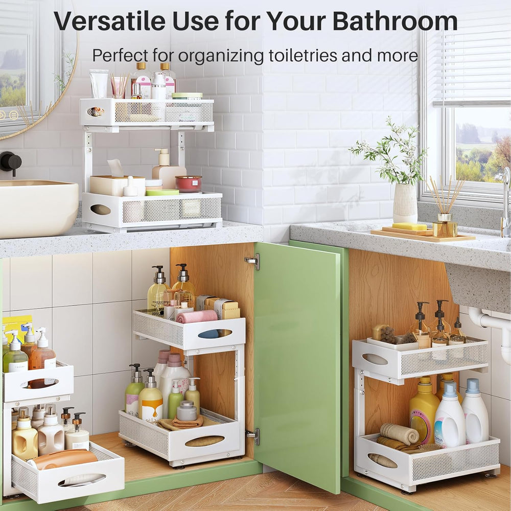 Under Sink Organizer, 2 Pack 2 Tier Pull out Cabinet Organizer Baskets with M...