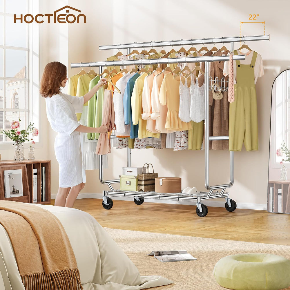 Hoctieon 2-Minute Assembly Double Rod Clothes Rack, Heavy Duty Rolling Clothi...