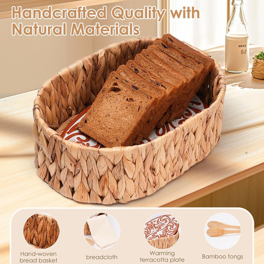 Bread Warmer Basket with Stone - Includes Linen Towel and Clips,Bread Baskets...