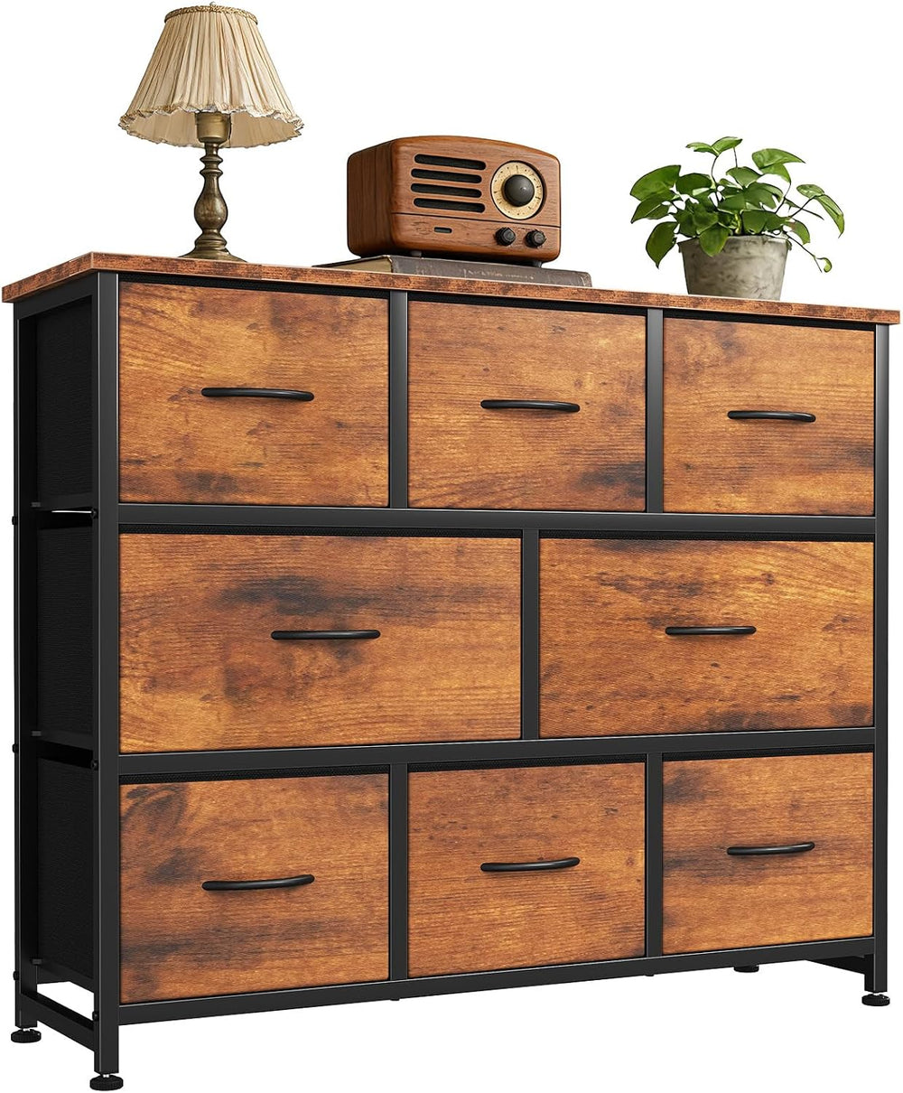 DUMOS Wide Dresser with 8 Fabric Drawers and Wood Top, Chest, Brown