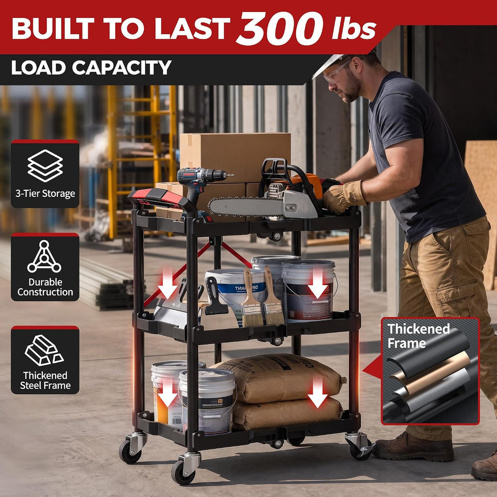 Rolling Cart, 3-Tier Utility Cart, 25 x 16 in Foldable Tool Cart, 300 lb