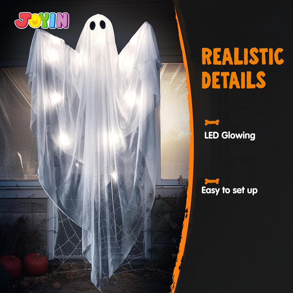 JOYIN 2 Pcs 47” Halloween Light up Hanging Ghost Decorations Outdoor, Cold Wh...