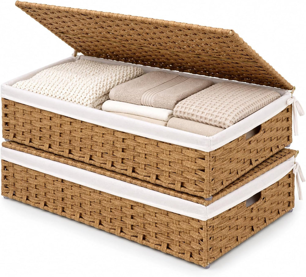Wicker Under Bed Storage with Lid (PE Rattan, 60L, 2-Pack)