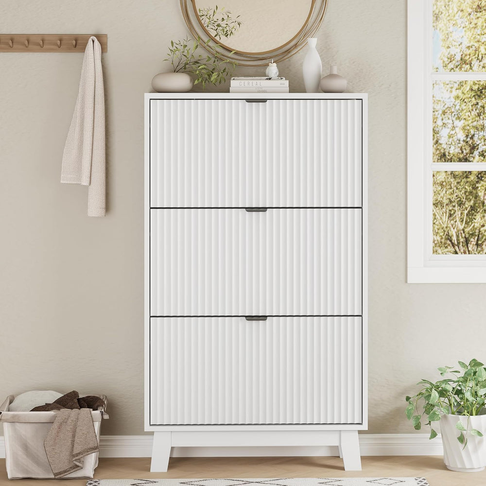 Xixini Shoe Cabinet with 3 Flip Drawers, 54" Tall Narrow Fluted Shoe Sto...