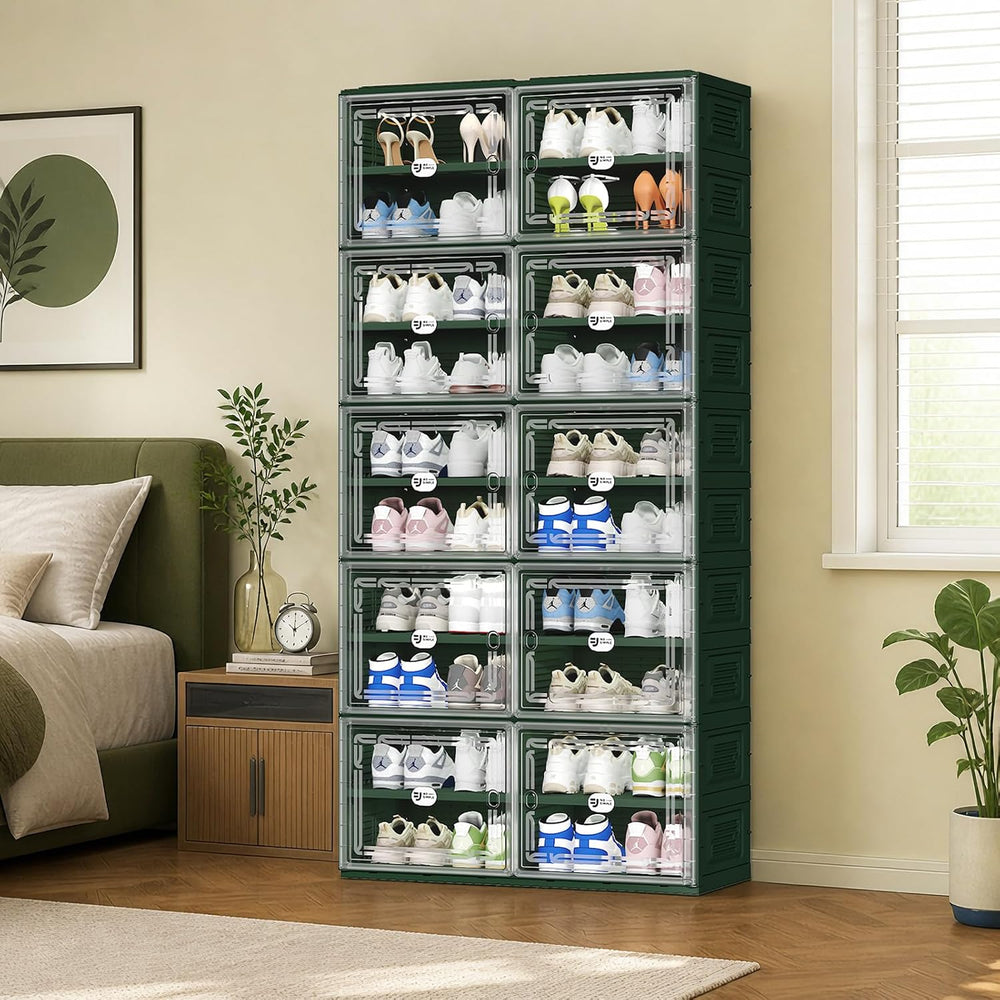 Green Foldable Shoe Storage Cabinet for 40 Pairs with Magnetic Clear Doors, P...