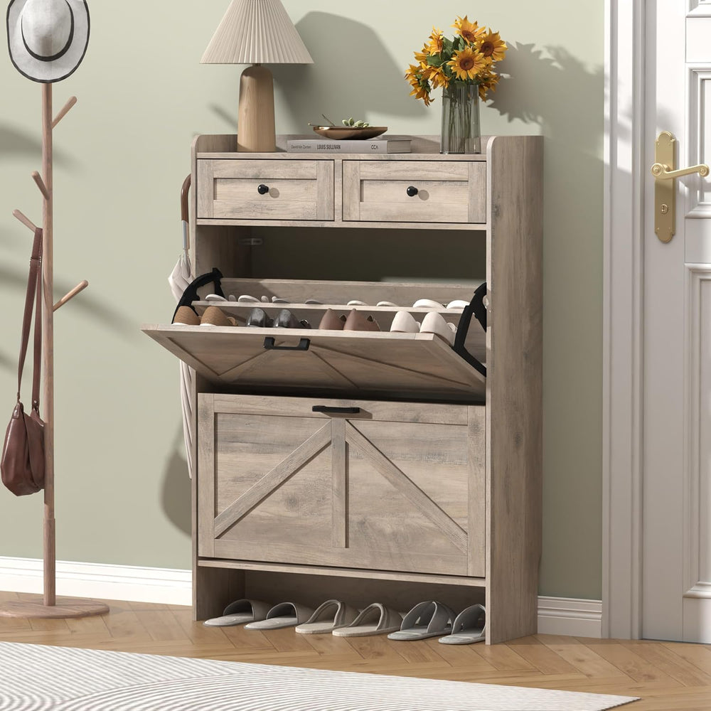 Thacuok Shoe Cabinet with 2 Flip Drawers & 2 Storage Drawers, Rustic Farm...