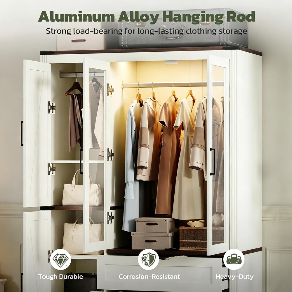 Concho 73'' Wood Farmhouse 4 Doors Armoire Wardrobe Closet with LED L...
