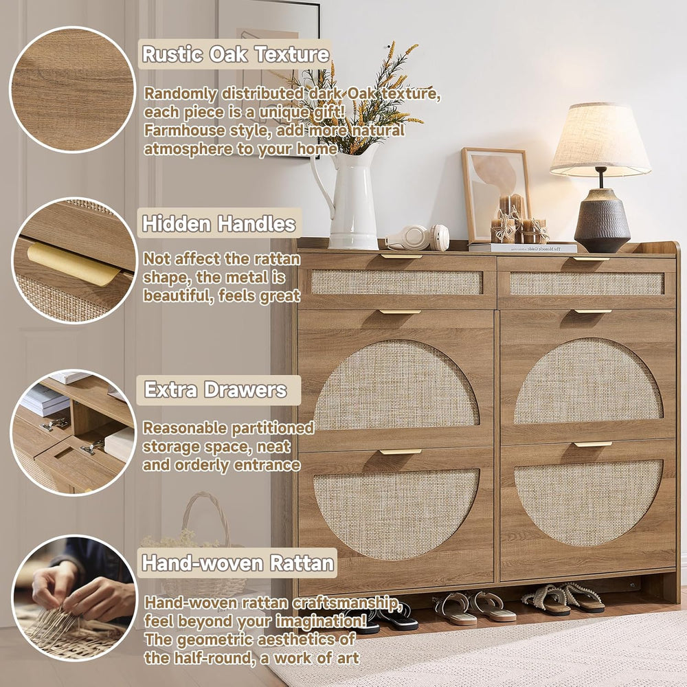 Rattan Shoe Storage Cabinet with 4 Flip Drawers & 2 Drawers, Freestanding...