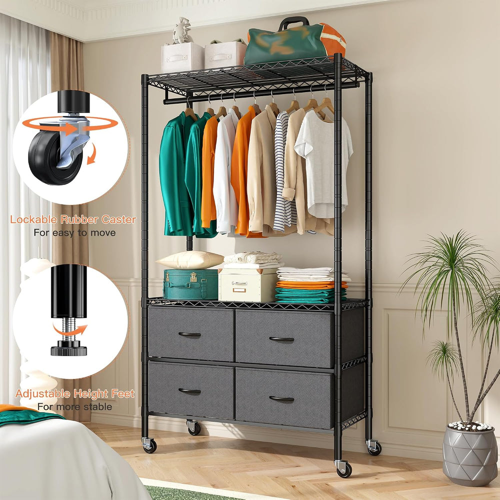 Raybee Rolling Clothes Rack, Portable Closet for Bedroom,Dorm, 4 Drawers