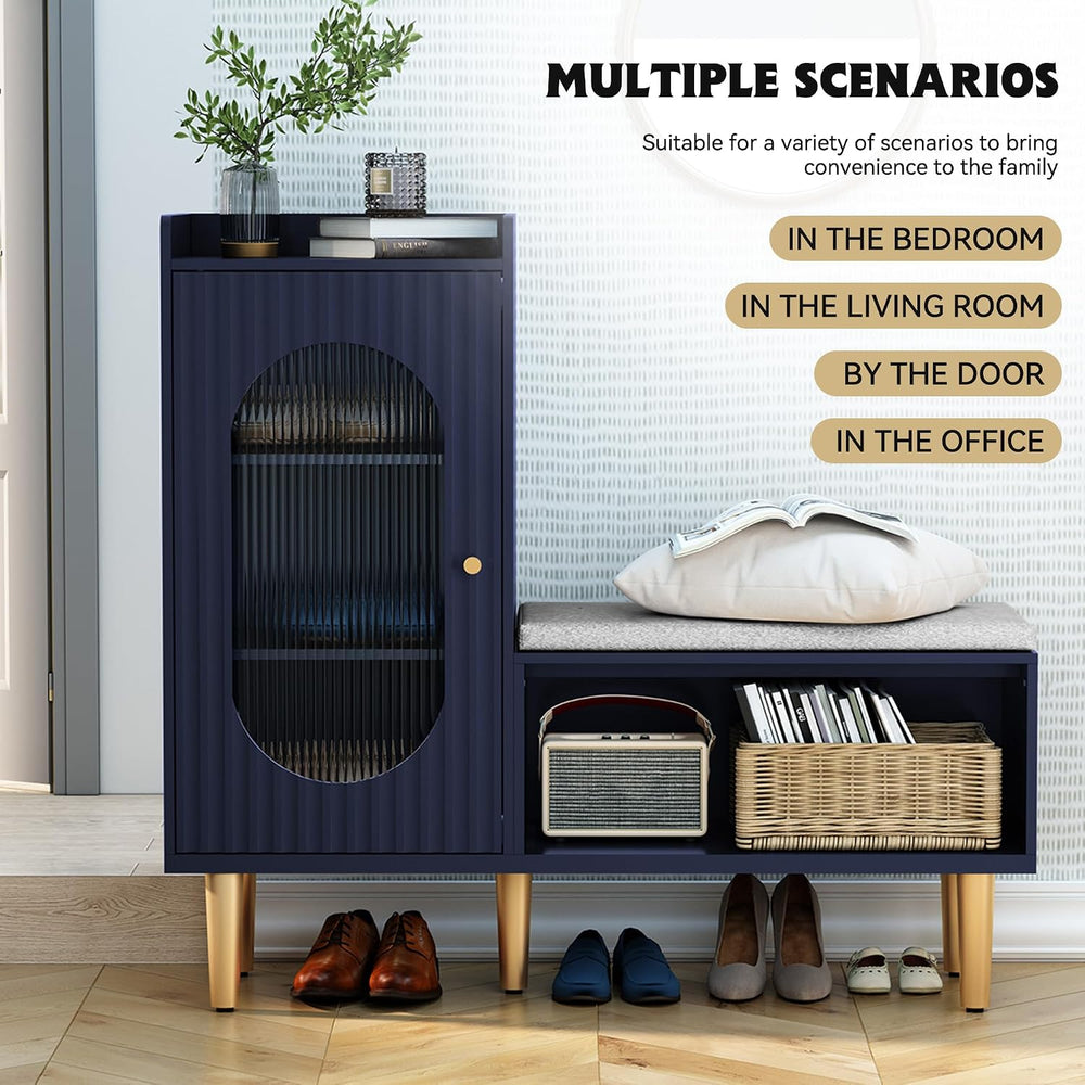 HLR Shoe Storage Bench with Glass Door&Shelf, L-Shaped Shoe Cabinet, Blue