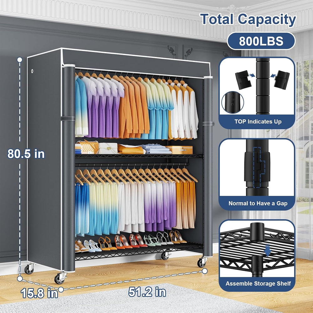 ULIFHOME P8C Max Heavy Duty Clothes Rack（With Extended Width Design） Rolling ...