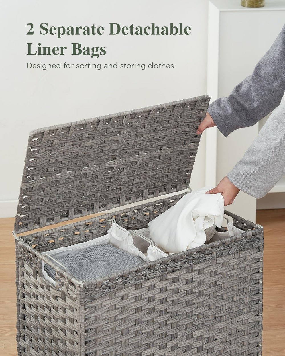SETVSON Laundry Hamper with Lid, 112 L Handwoven PE Rattan Wicker, Gray