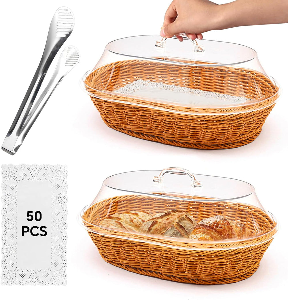Rattan Bread Baskets, 2 Pack, Oval Woven Baskets with Acrylic Lids, 15.75 x 1...