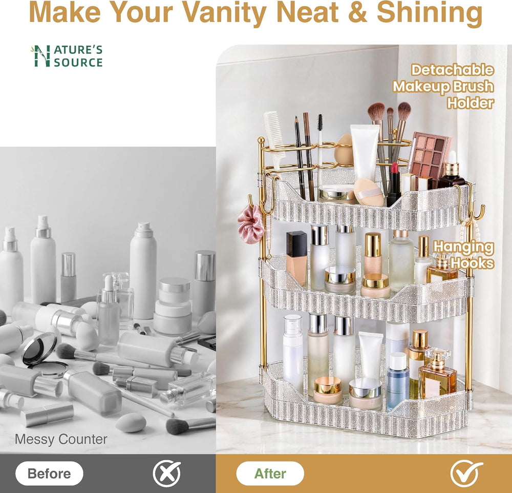 3 Tier Glitter Makeup Organizer Countertop with Makeup Brush Holder & Hooks