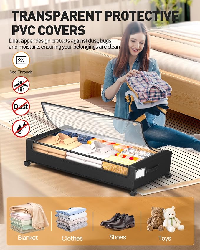 Under Bed Storage with Wheels, Square Under Bed Storage Containers, 4 Pack