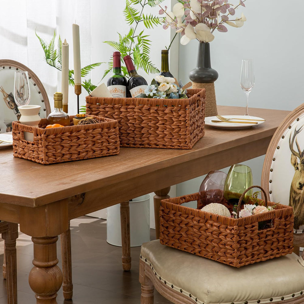 Set of 3 Wicker Storage Baskets, Decorative Baskets With Built-in Handles, Mu...