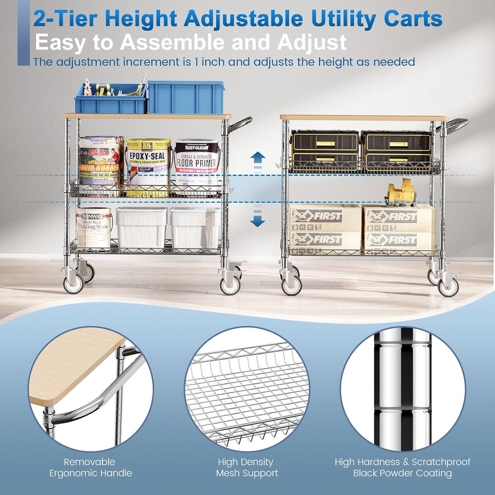 Rolling Kitchen Carts with Wheels, 3-Tier Utility Cart with Wood Tabletop