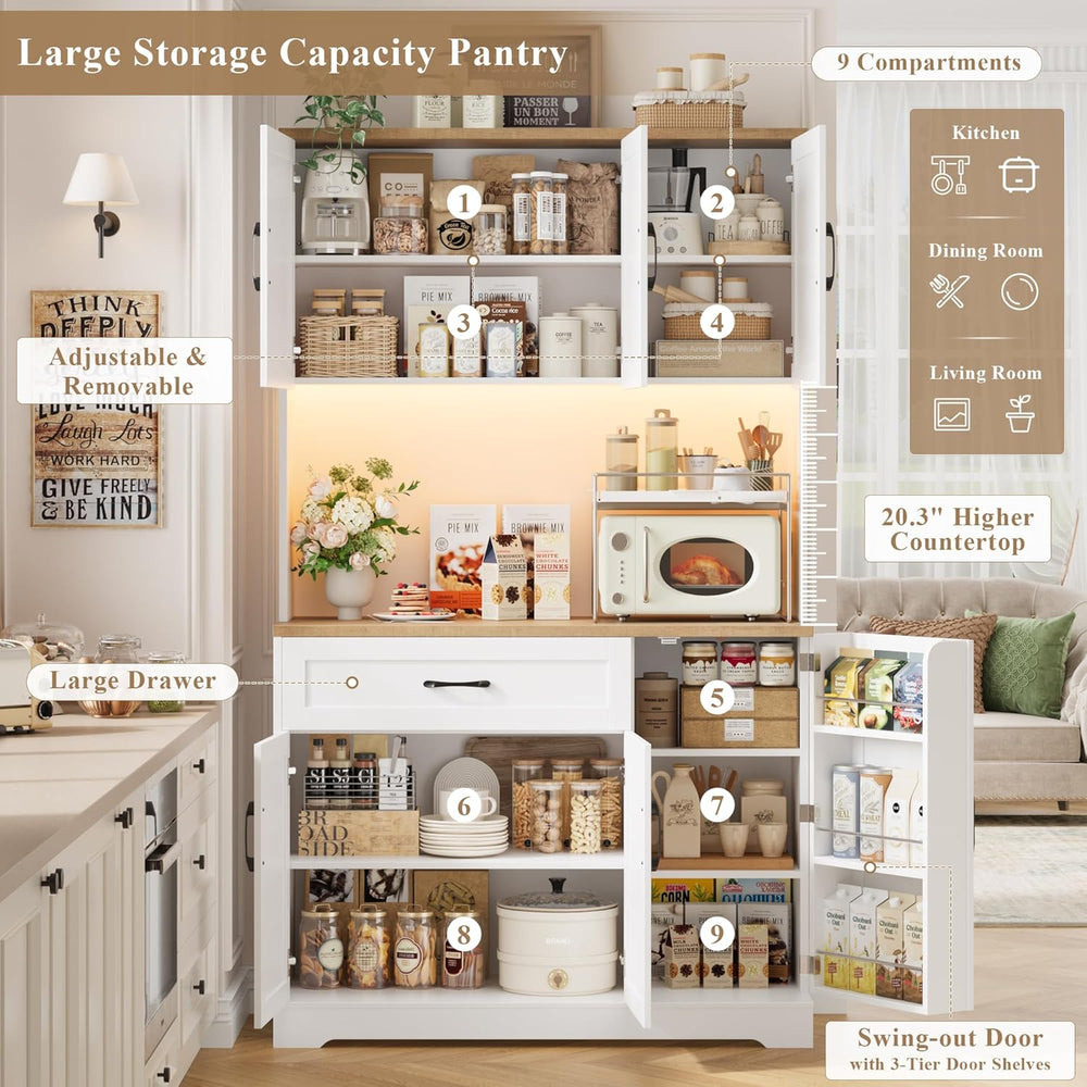 71'' Tall LED Kitchen Pantry Cabinet with Power Outlet & Door Rac...