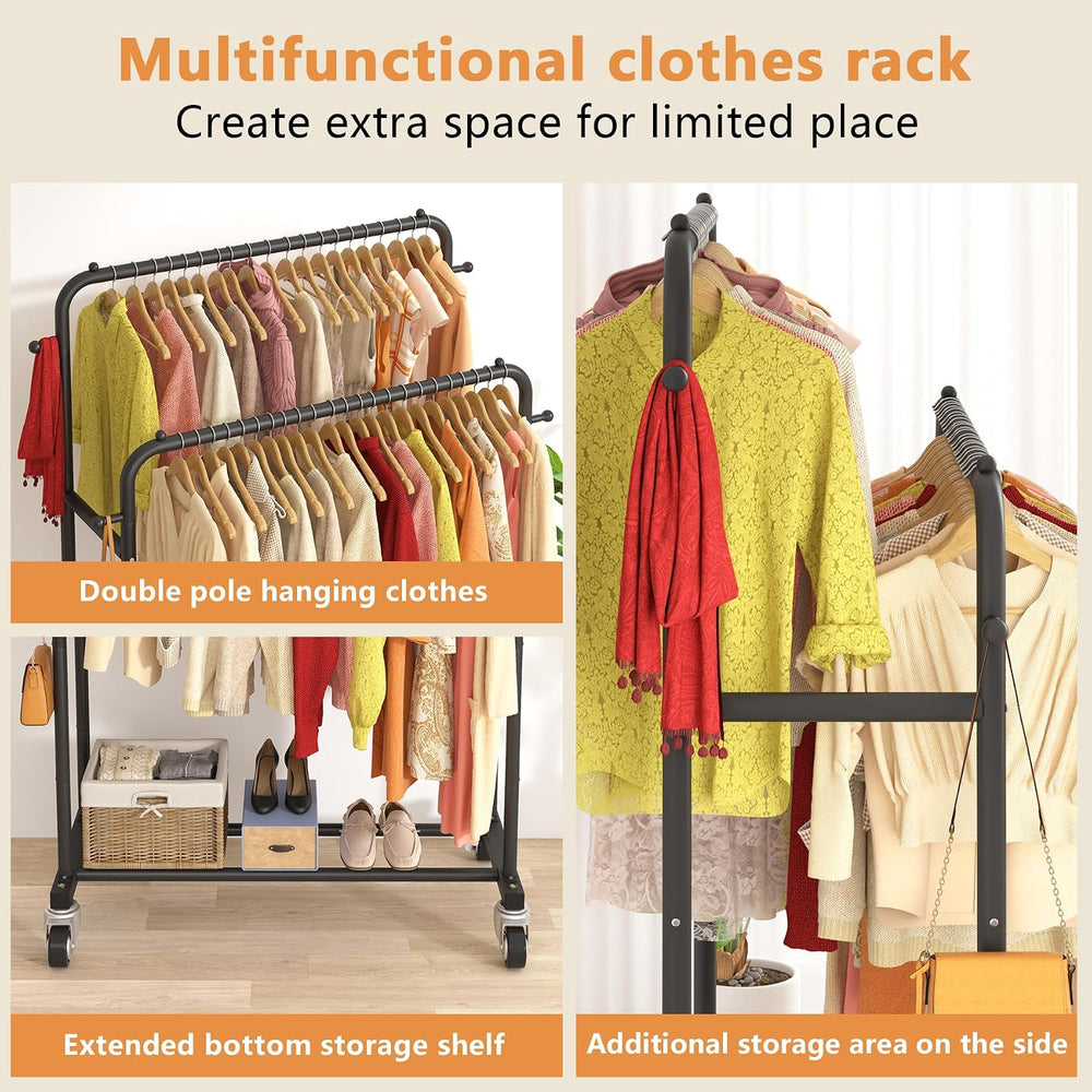 Laiensia Double Rods Garment Rack with Wheels, Clothing Rack for Hanging Clot...