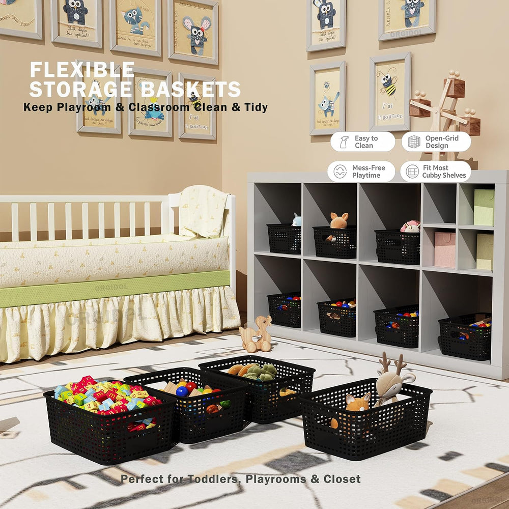 Black Plastic Storage Baskets for Organizing, 12 Pack