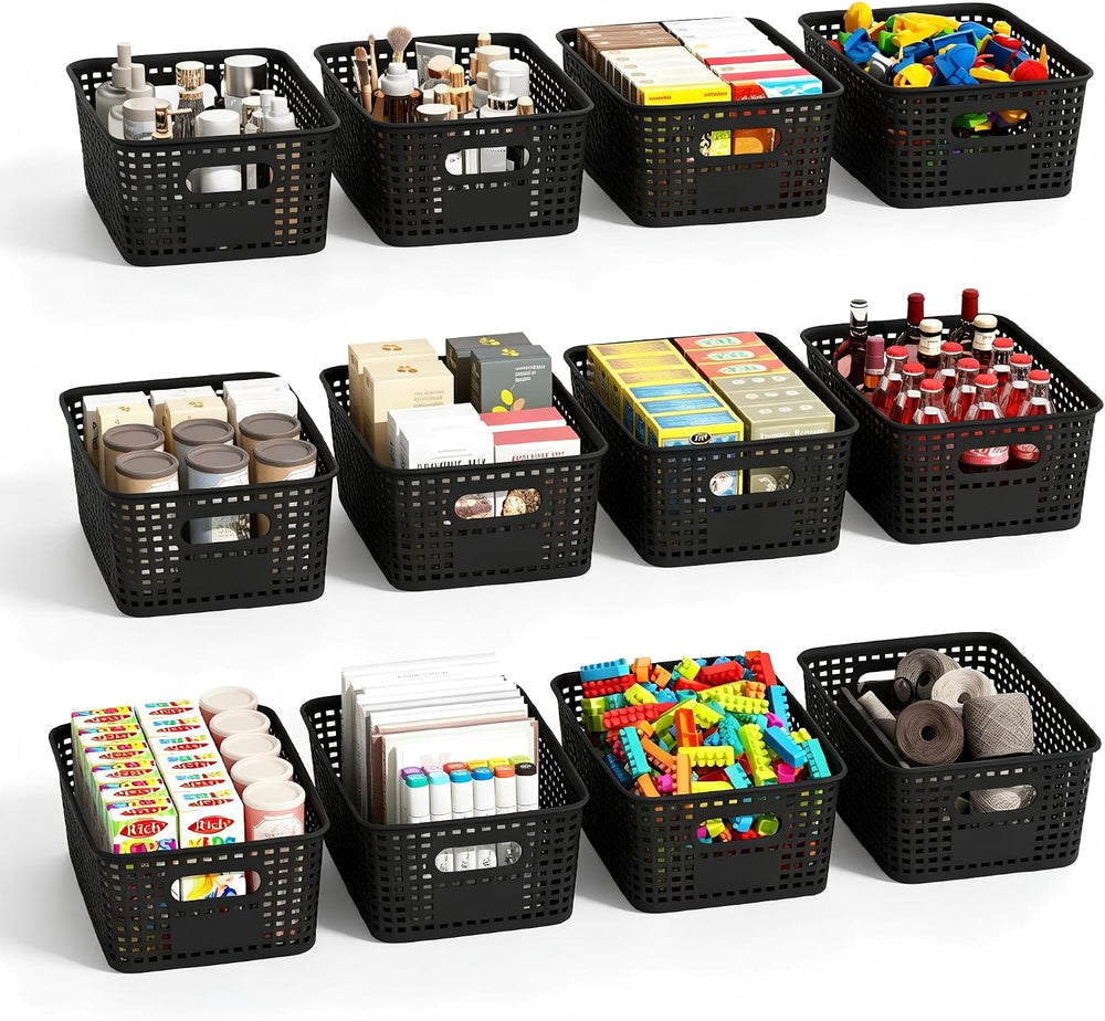 Black Plastic Storage Baskets for Organizing, 12 Pack