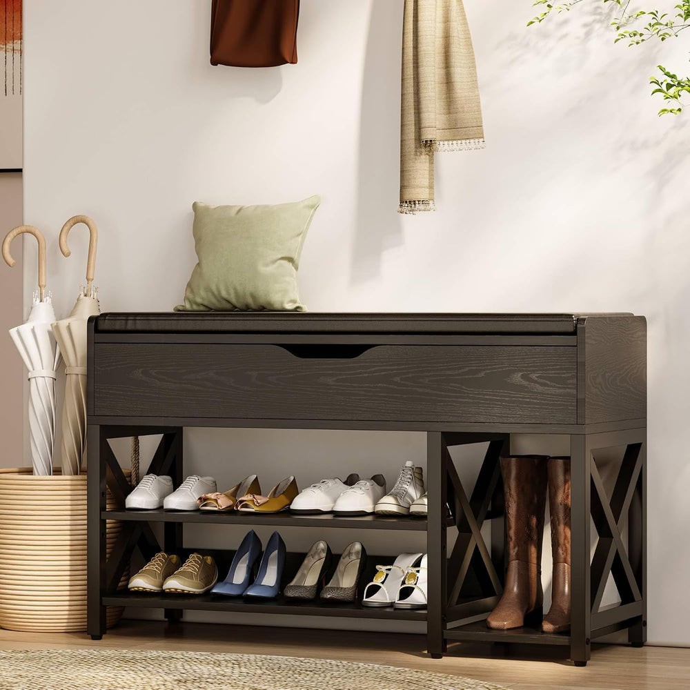 Shoe Bench, Lift Top Shoe Storage Bench, Adjustable Shelf Entryway Bench with...
