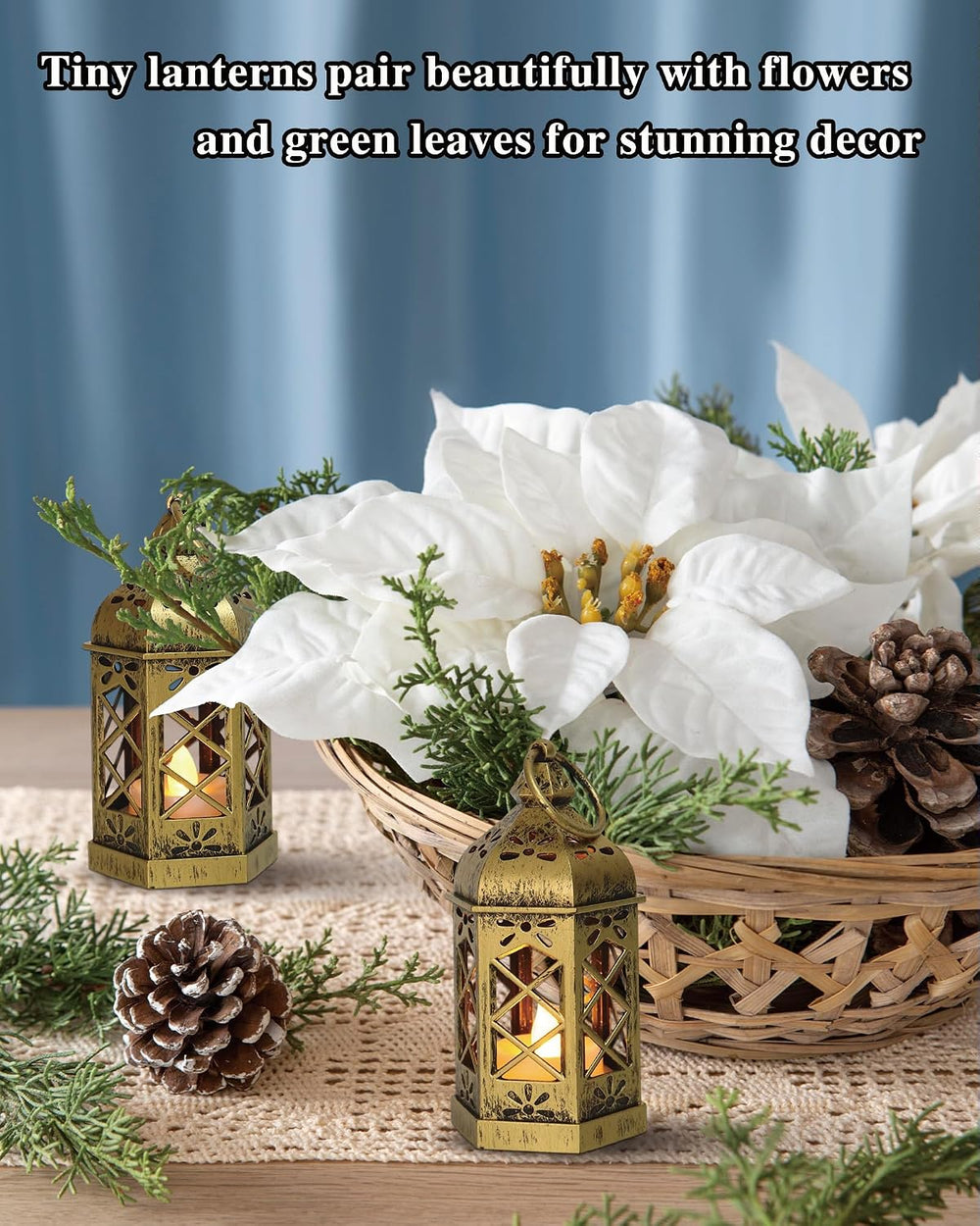 12-Pack Mini Gold Lanterns with Flickering LED Candles for Ramadan, Small Dec...