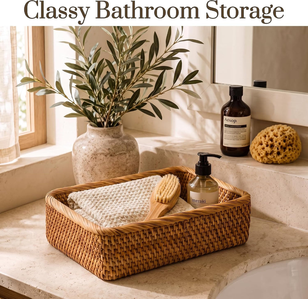 Yangqihome Natural Rattan Storage Baskets, Rectangular Woven Fruit Baskets, D...