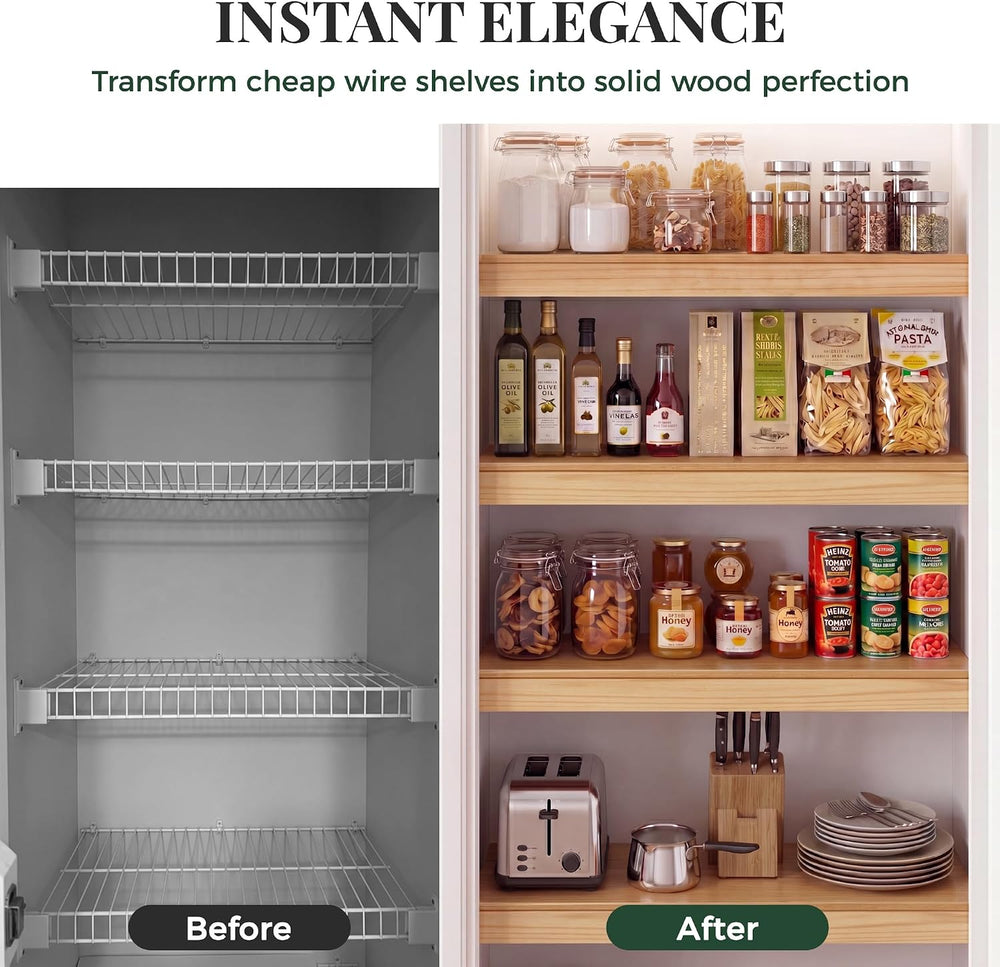 Solid Pine Wire Shelf Covers, 16" D x 24" L, Tool-Free Pantry Rack