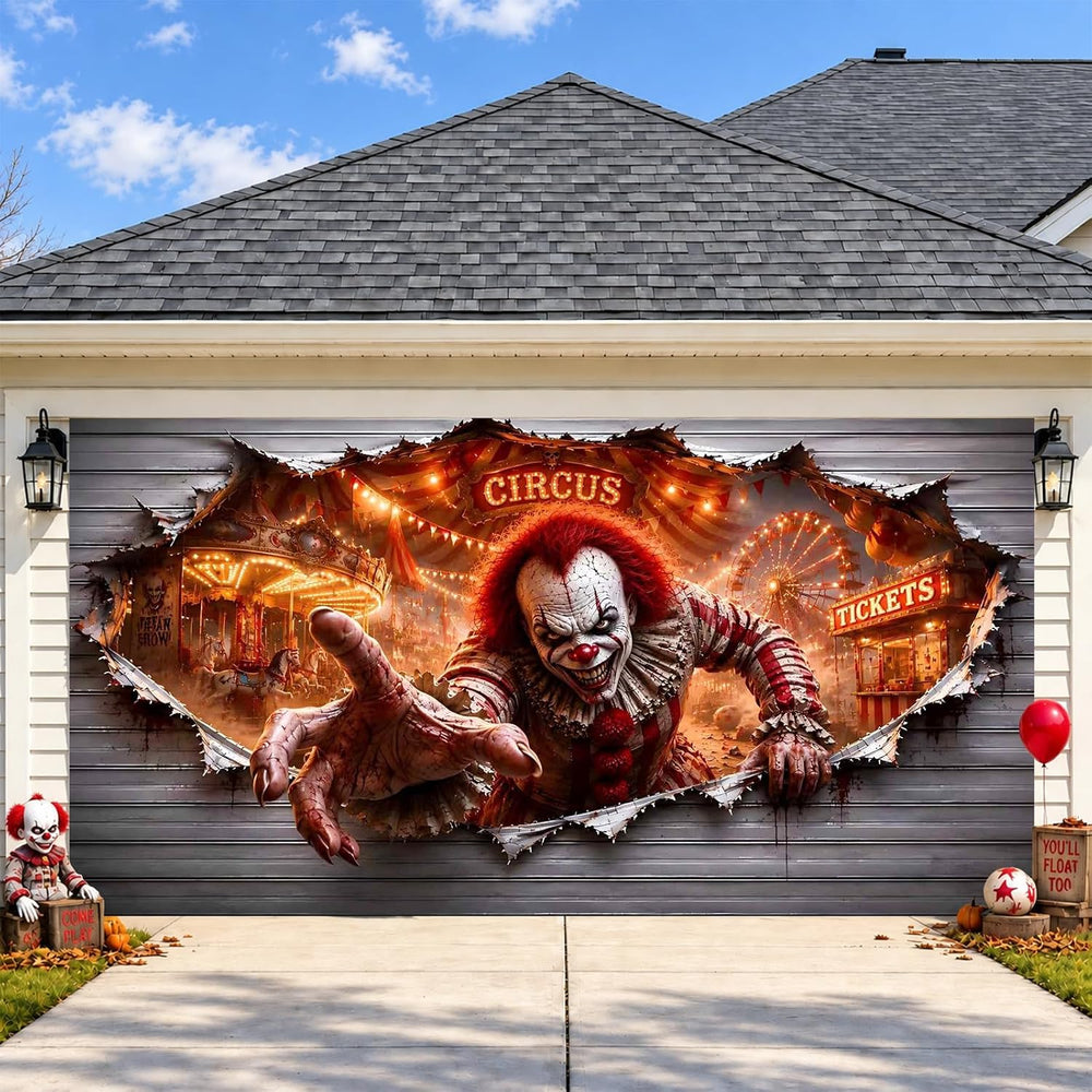 Halloween Garage Door Cover 16x7 FT, 3D Circus Clown Garage Door Decoration