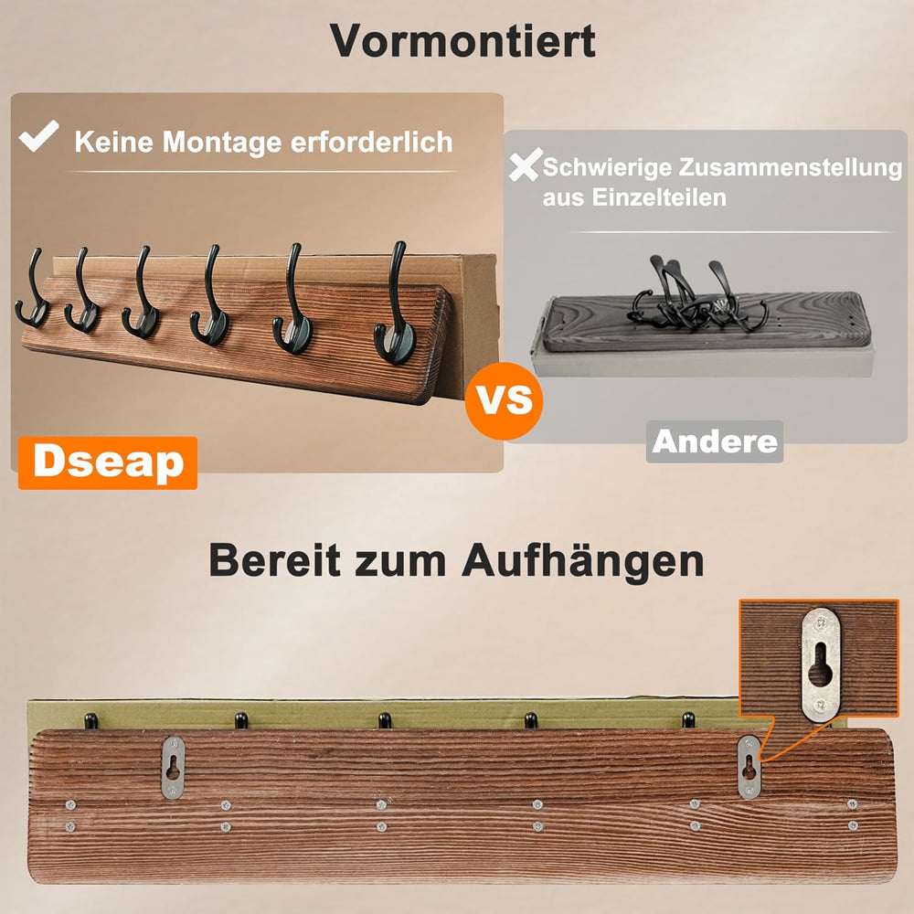 Dseap Coat Rack Wall Mount: 24" Long, Patented, Heavy-Duty, 6-Double-Hoo...