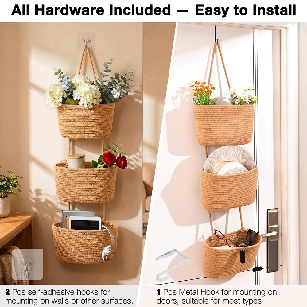 Hanging Decorative Baskets for Organizing 3-Tier Wall Basket Khaki