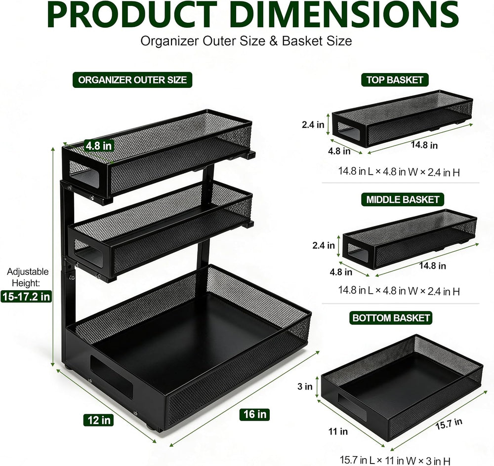 3 Tier Under Sink Organizer for Bathroom, Pull Out Drawers, 2 Pack