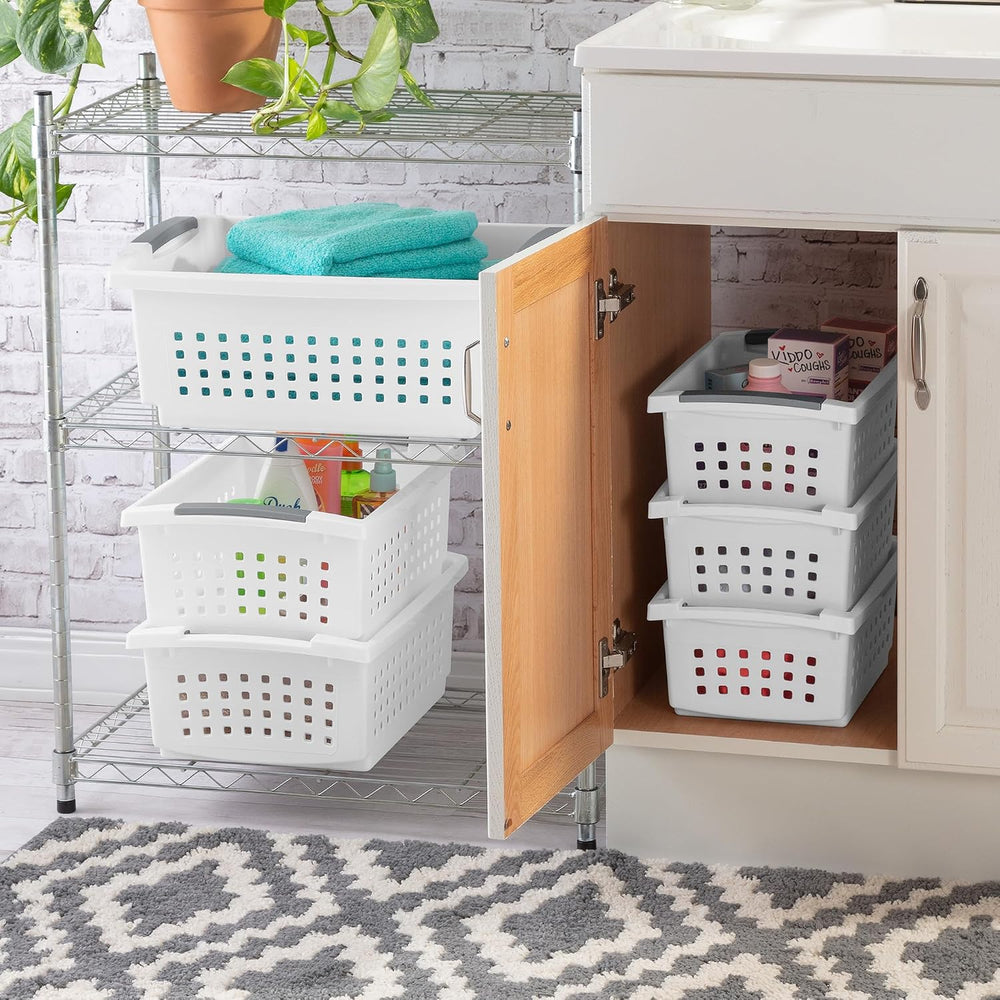 Sterilite 12 Pack Medium Stacking Basket, Open Top Storage Bin with Handles, ...