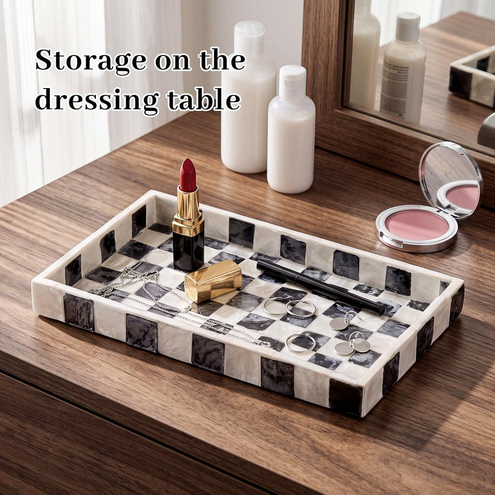 Sawysine 10'' x 5'' Capiz Vanity Tray, Black and White Checke...