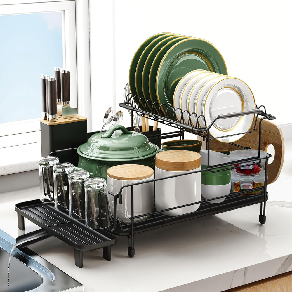 Runnatal Large 2-Tier Dish Drying Rack for Kitchen Counter, Black