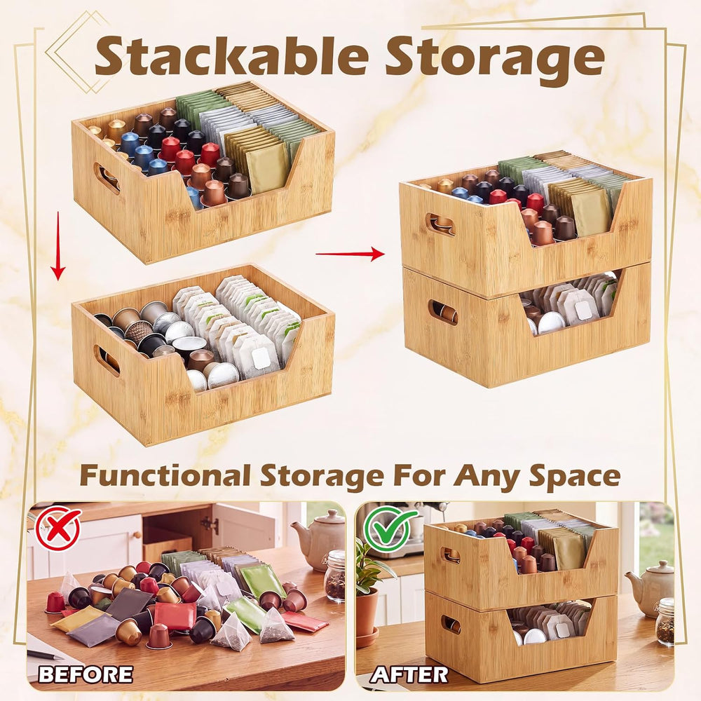 2 Pcs Stackable Bamboo Pantry Storage Bins for Kitchen Storage