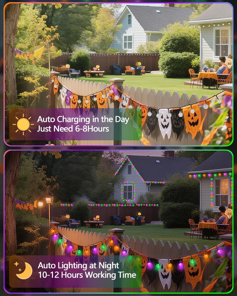 2 Pack 100 LED Purple Orange and Green Solar Halloween Lights Outdoor
