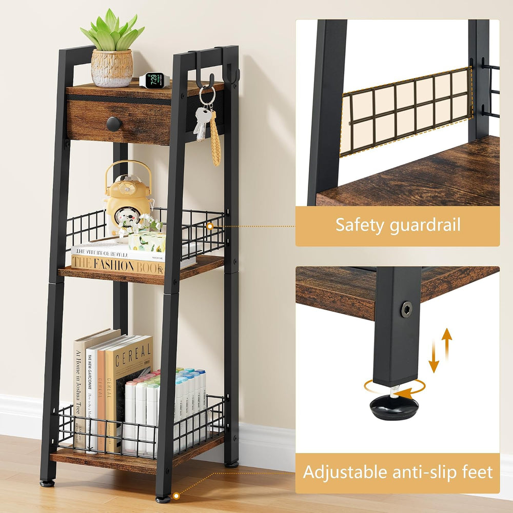 Narrow Bathroom Ladder Shelf with Drawer, 3-Tier, Rustic Brown