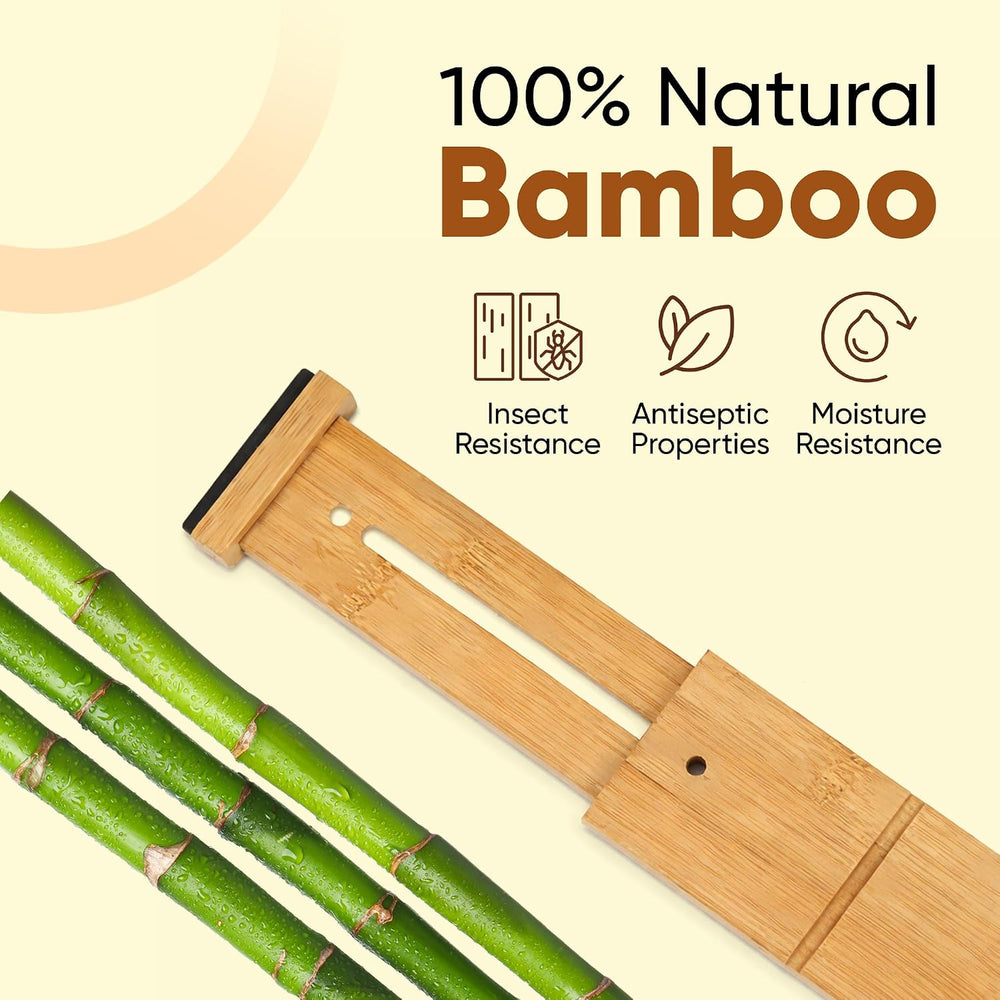 6 Pack Bamboo Drawer Dividers with 12 Inserts, Adjustable 17–22 Inch Expandab...