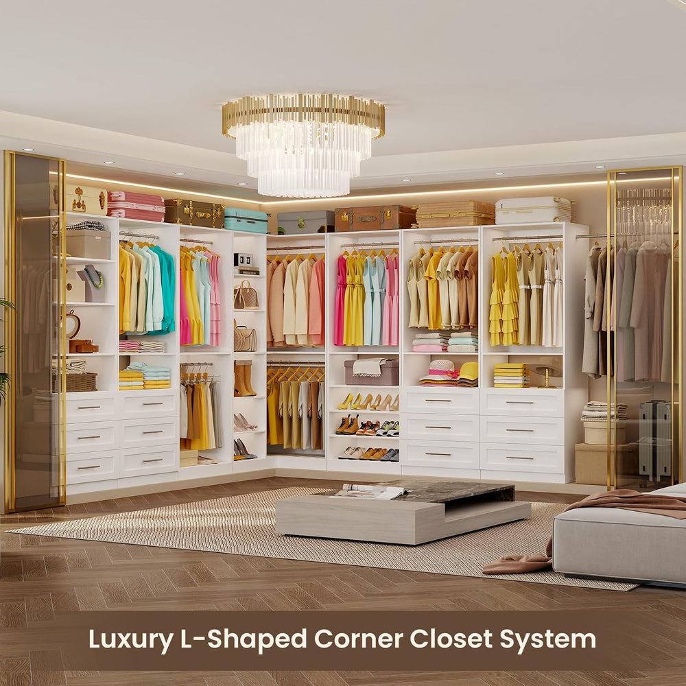 Closet System with 6 Drawers, Corner Closet System with 15 Shelves & 8 Ha...