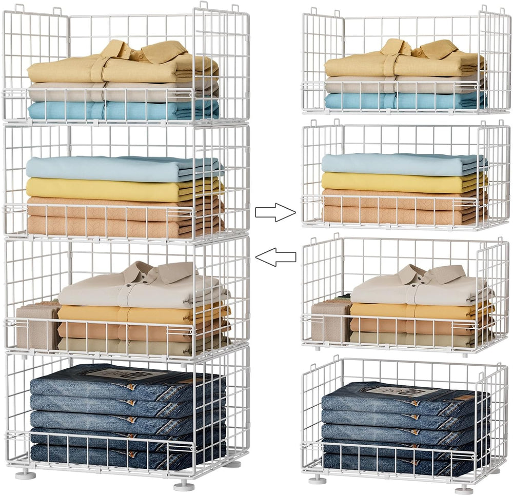4-Tier Stackable Closet Organizers with Adjustable Feet, Foldable Closet Shel...