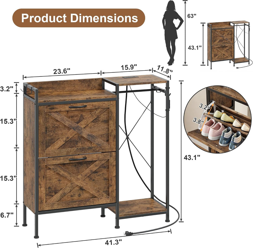 HIGDBFE Shoe Cabinet with 2 Flip Drawers and Coat Rack, 41.3" W