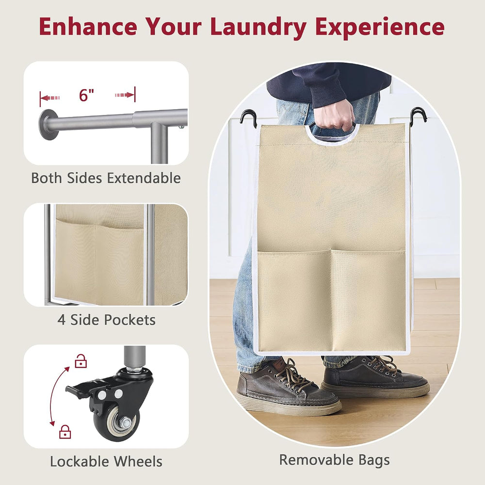 Tajsoon Laundry Cart with Hanging Rack, 65 Gal. Large Laundry Hamper, Beige